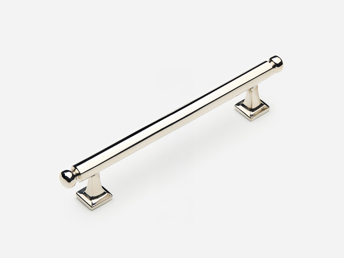 Solid brass Wright drawer pull, 6 inches, in a polished nickel finish for cabinets.