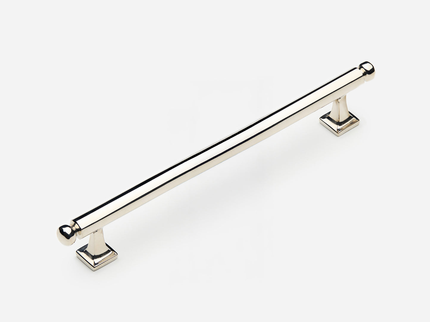 Solid brass Wright drawer pull, 8 inches, in a polished nickel finish for cabinets.