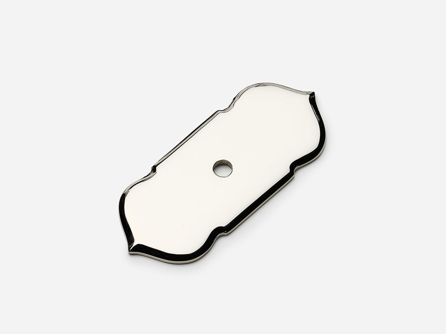 Solid brass France backplate, 1x2.5 inches, in a polished nickel finish for knobs on cabinets.
