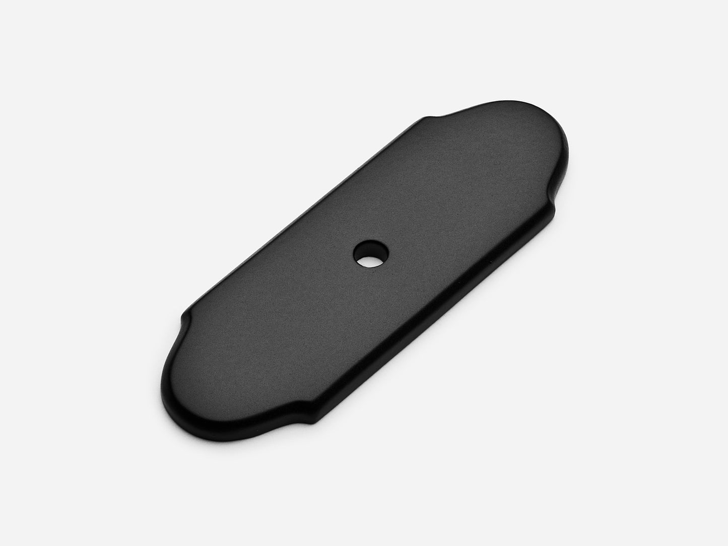 Solid brass Hampton backplate, 1x3 inches, matte black finish for knobs and pulls on cabinets.