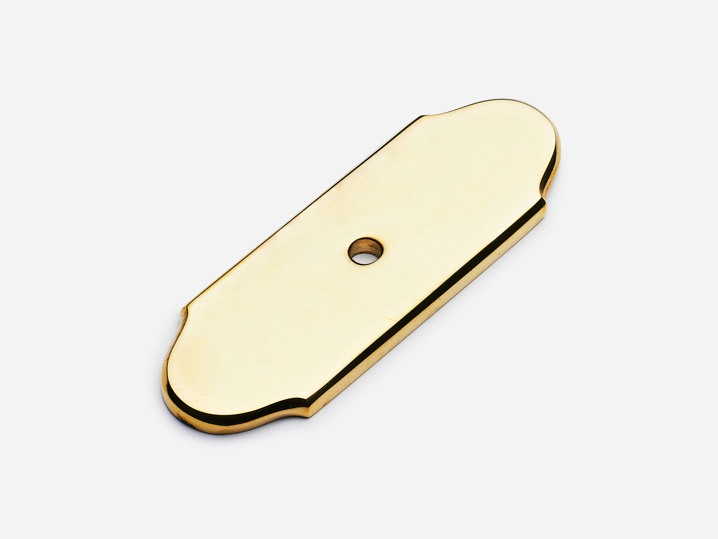 Solid brass Hampton backplate, 1x3 inches, unlacquered polished brass finish for knobs and pulls on cabinets.