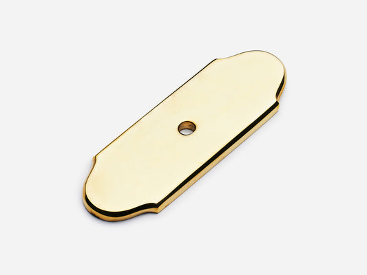 Solid brass Hampton backplate, 1x3 inches, unlacquered polished brass finish for knobs and pulls on cabinets.