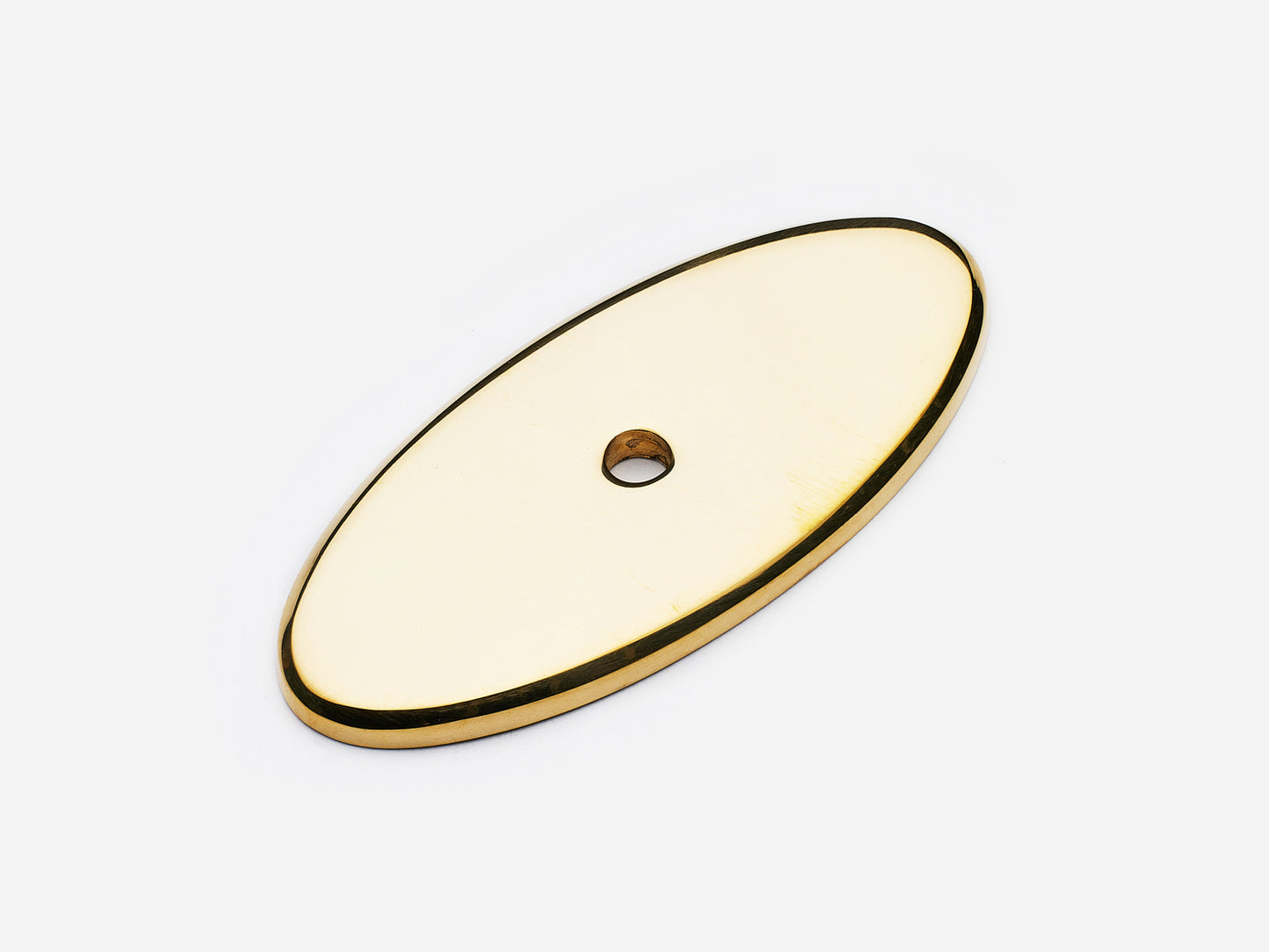 Solid brass Oval backplate, 2.5 inch, unlacquered polished brass finish for knobs on cabinets.