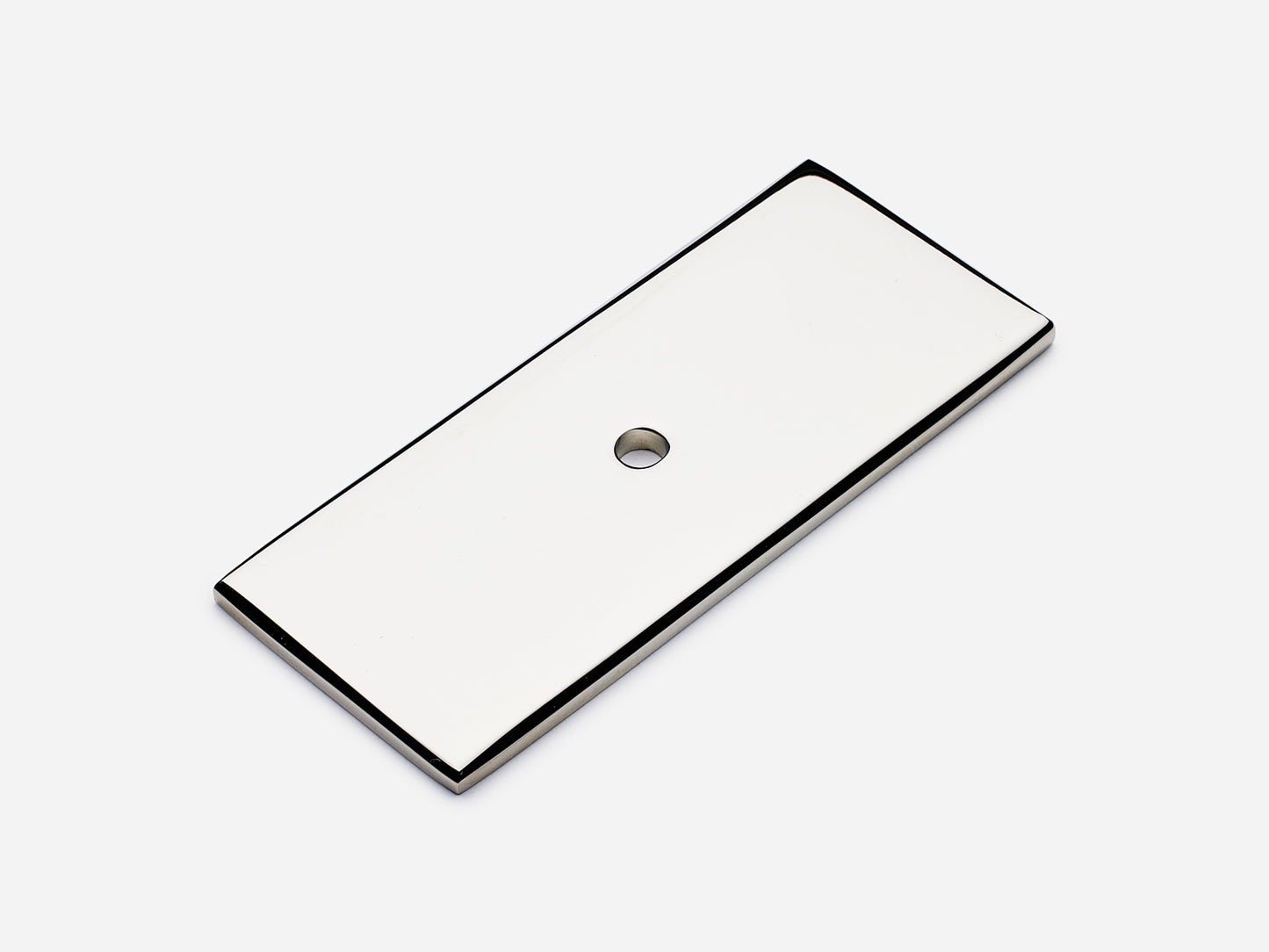 Solid brass rectangular backplate, 1.25x3 inches, polished nickel finish for knobs and pulls on cabinets.