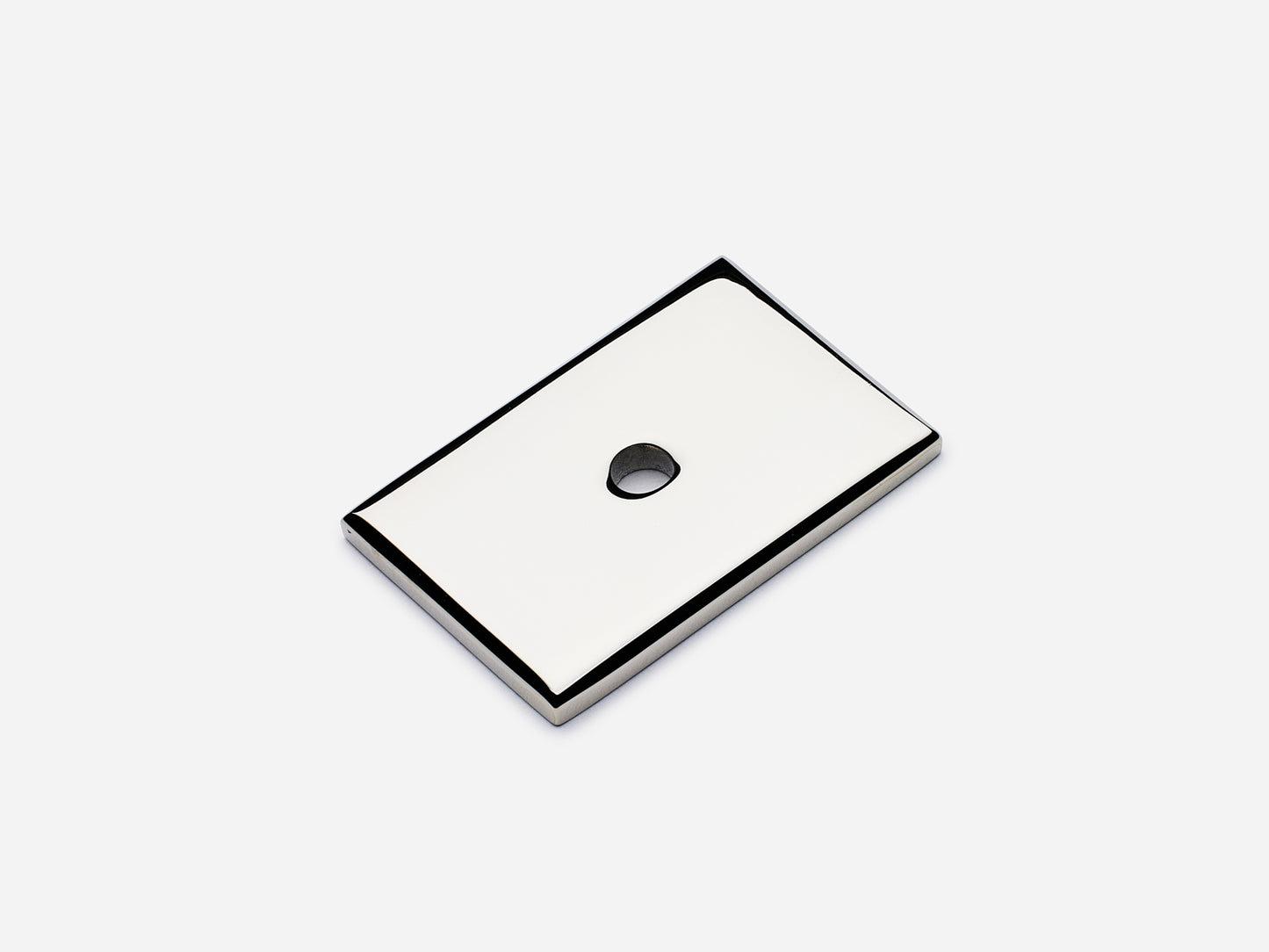 Solid brass rectangular backplate, 1x1.5 inches, polished nickel finish for knobs and pulls on cabinets.