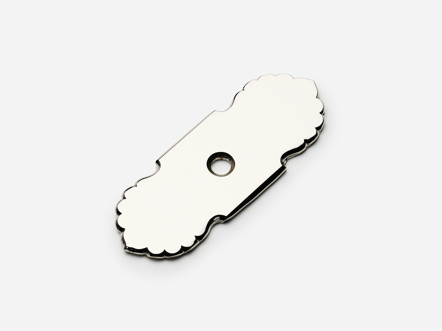 Solid brass Scalloped backplate, 1x2.75 inches, polished nickel finish for knobs on cabinets.