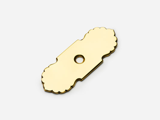 Solid brass Scalloped backplate, 1x2.75 inches, unlacquered polished brass finish for knobs on cabinets.