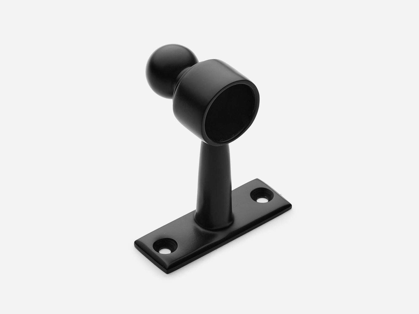Solid brass Campaign hanging pot rail end bracket in a matte black finish for kitchens.