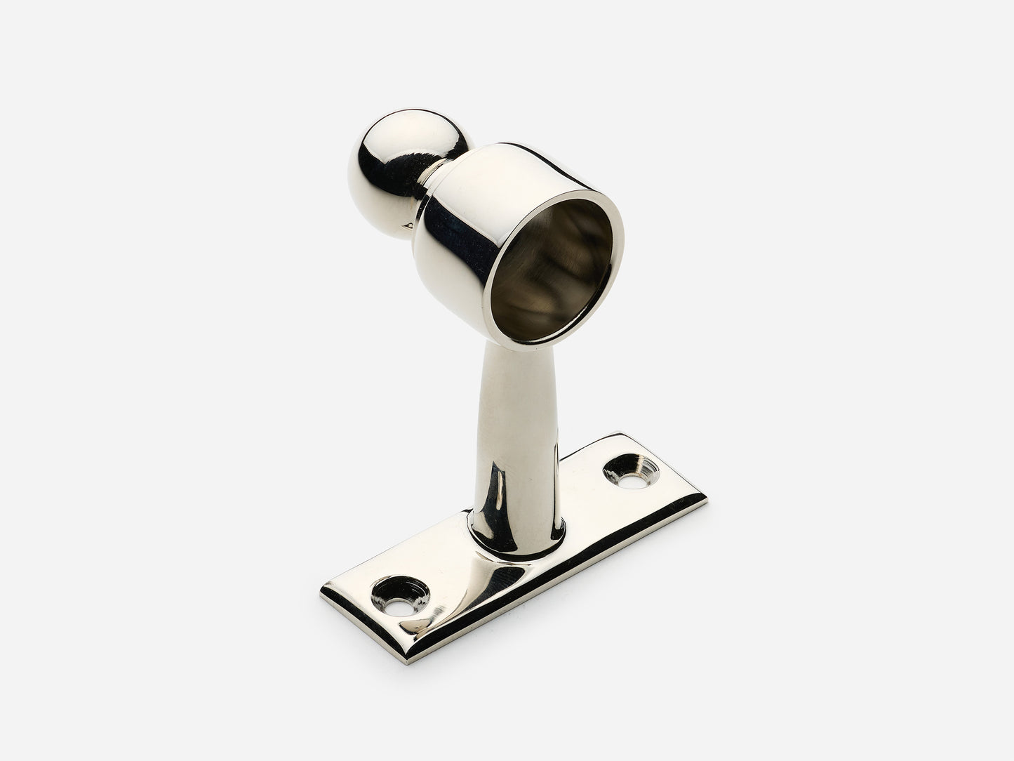 Solid brass Campaign hanging pot rail end bracket in a polished nickel finish for kitchens.