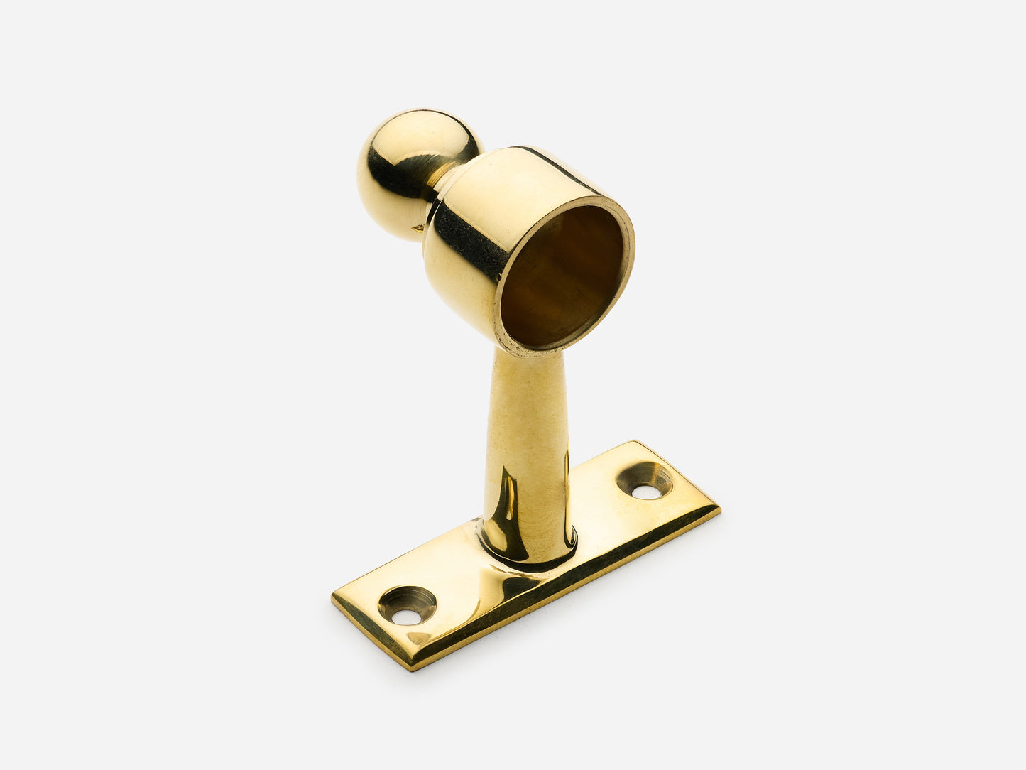 Solid brass Campaign hanging pot rail end bracket in an unlacquered polished brass finish for kitchens.