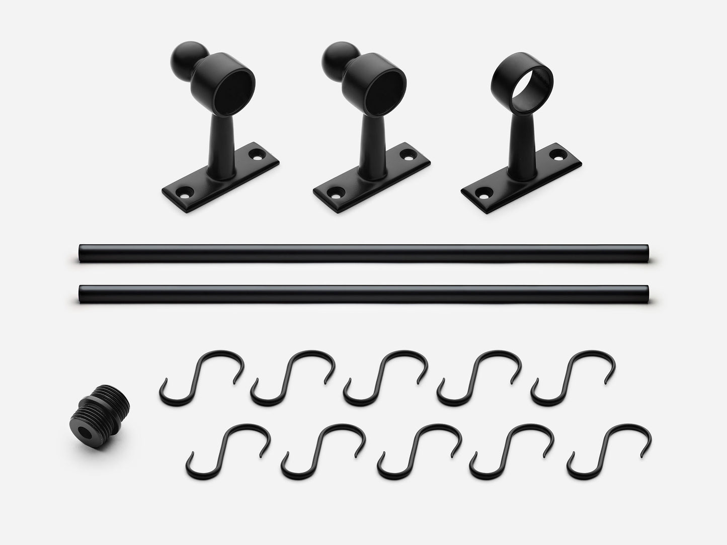 Solid brass Campaign hanging pot rail, 6 feet, in a matte black finish for kitchens.