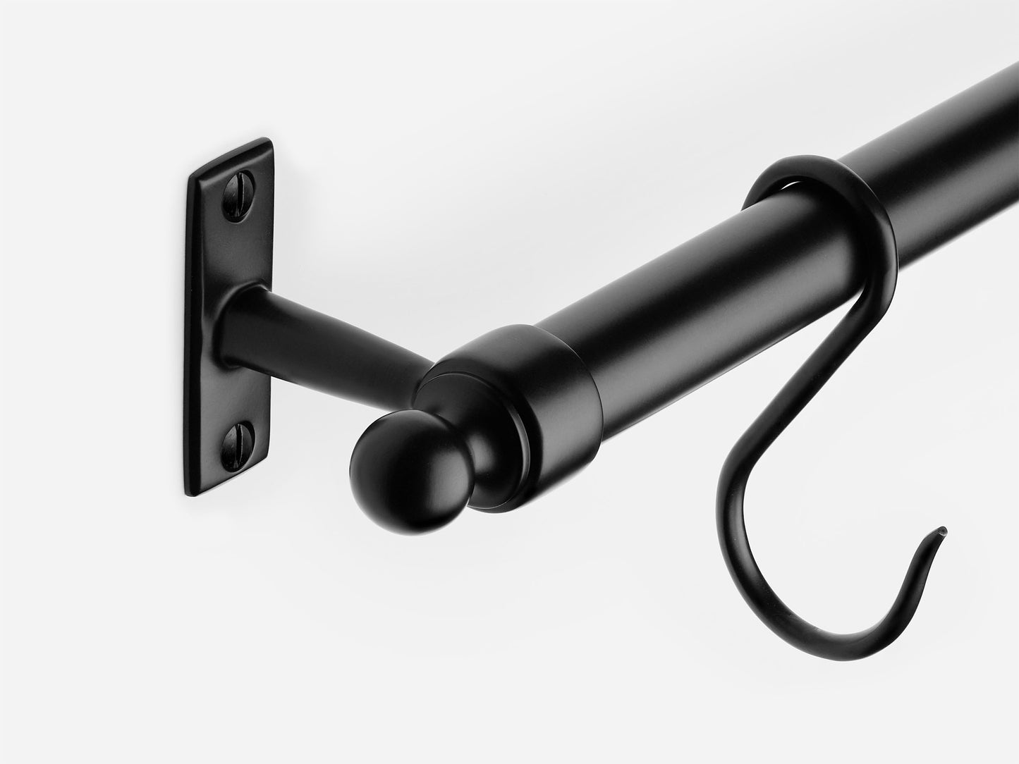 Solid brass Campaign hanging pot rail in a matte black finish for kitchens.