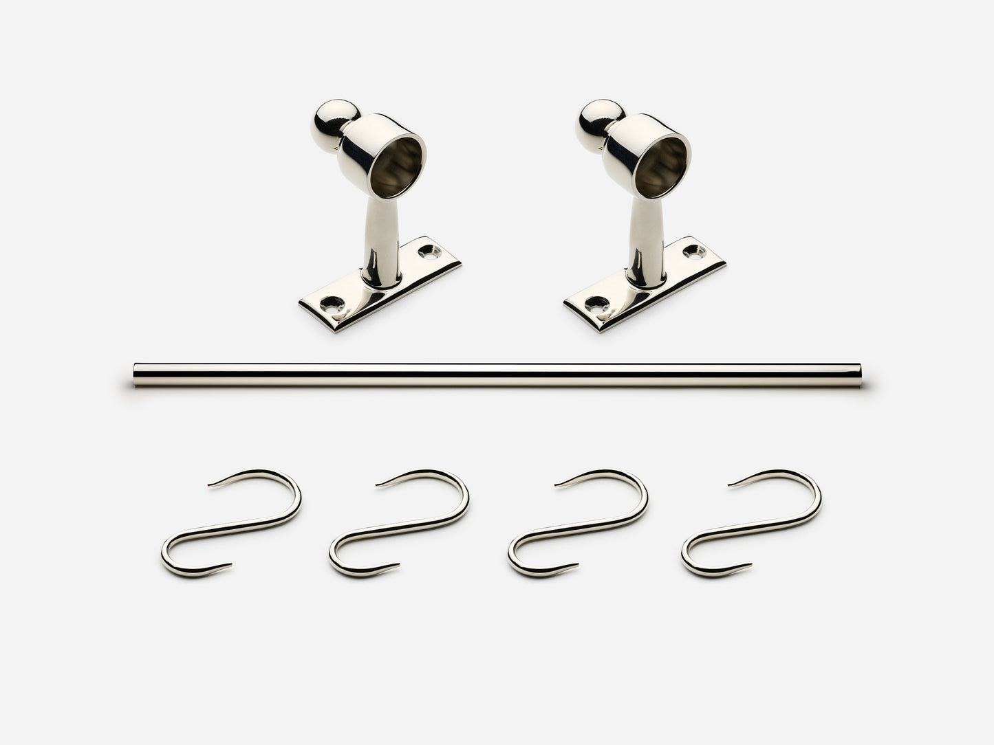 Solid brass Campaign hanging pot rail, 2 feet, in a polished nickel finish for kitchens.