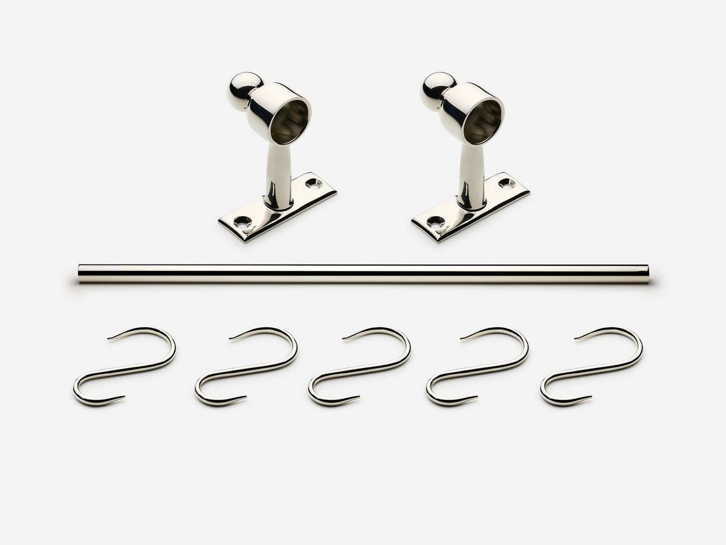 Solid brass Campaign hanging pot rail, 3 feet, in a polished nickel finish for kitchens.