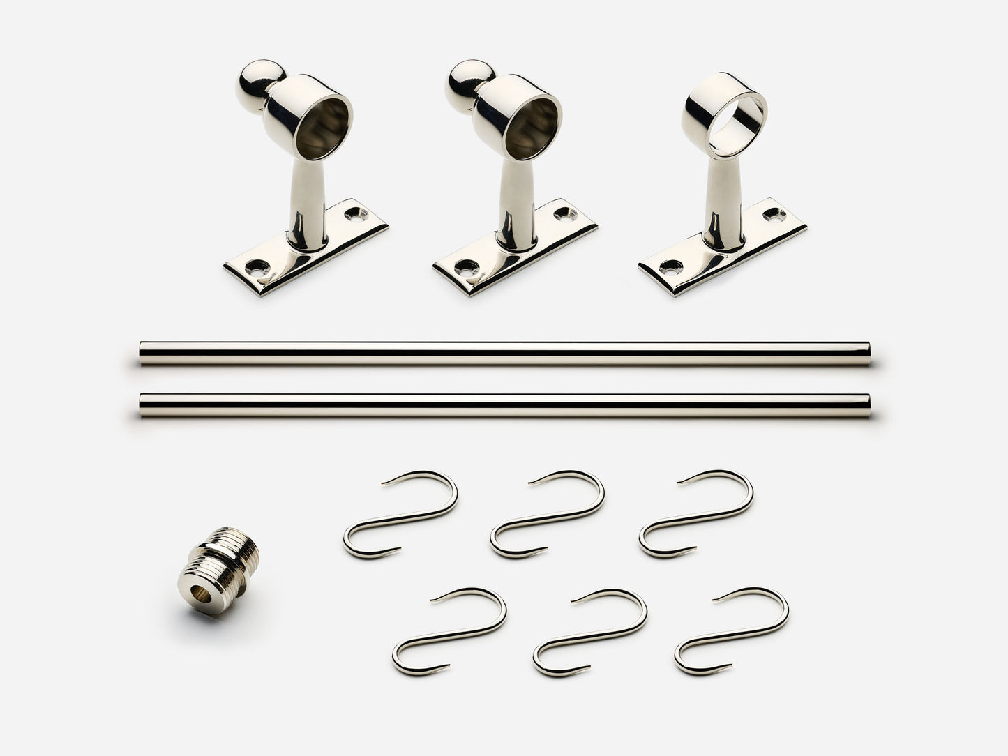 Solid brass Campaign hanging pot rail, 4 feet, in a polished nickel finish for kitchens.