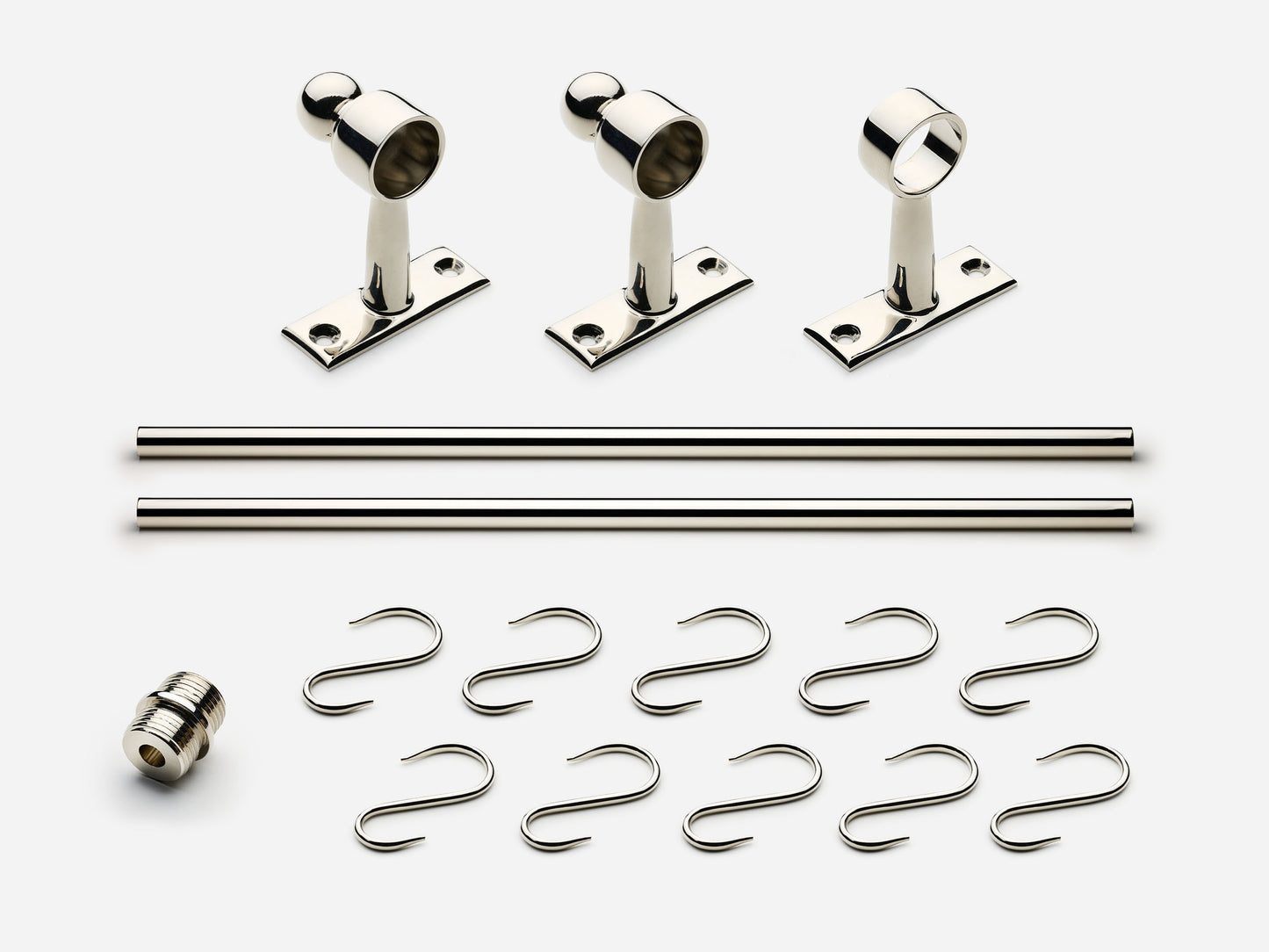 Solid brass Campaign hanging pot rail, 6 feet, in a polished nickel finish for kitchens.