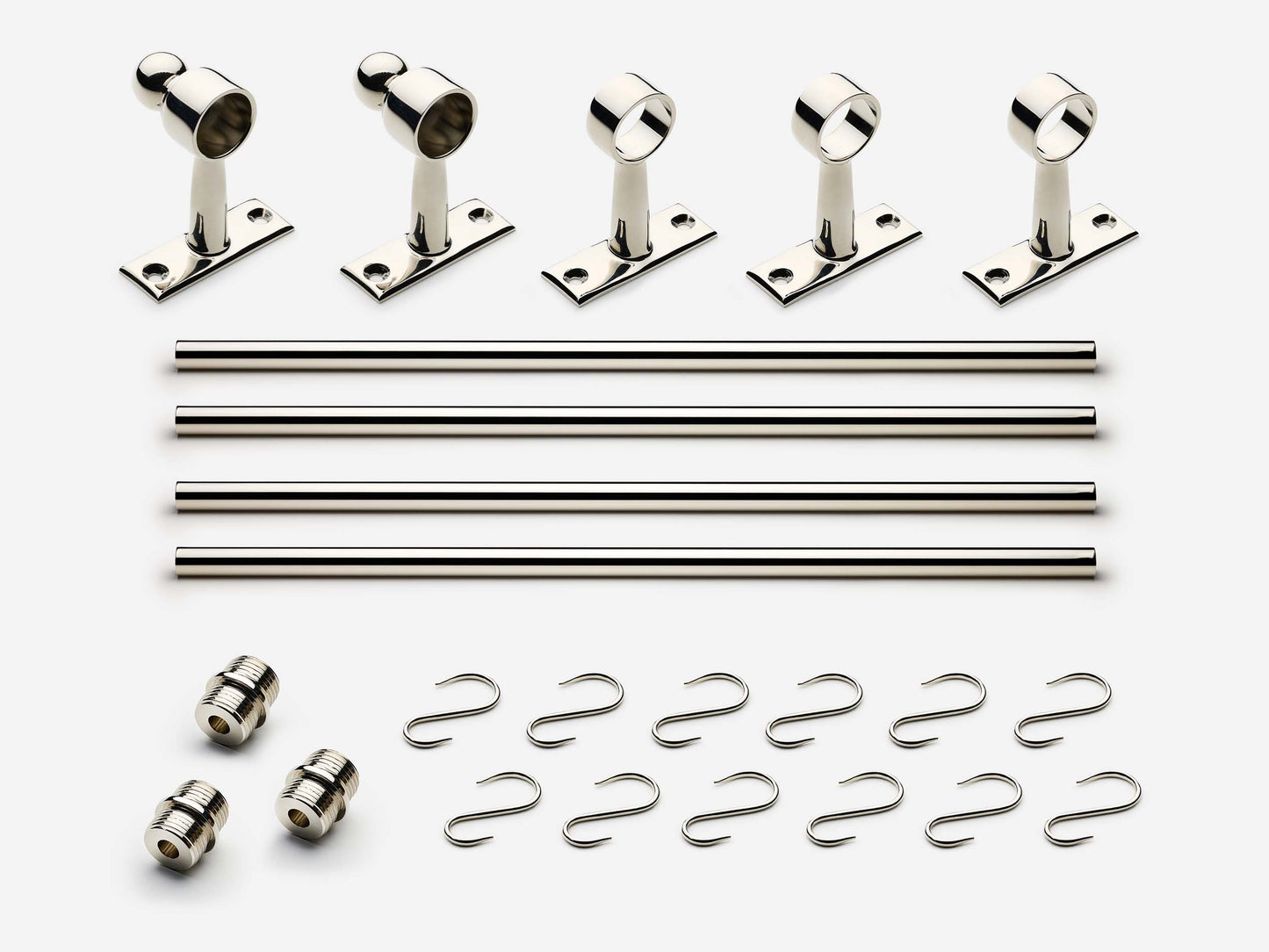 Solid brass Campaign hanging pot rail, 8 feet, in a polished nickel finish for kitchens.