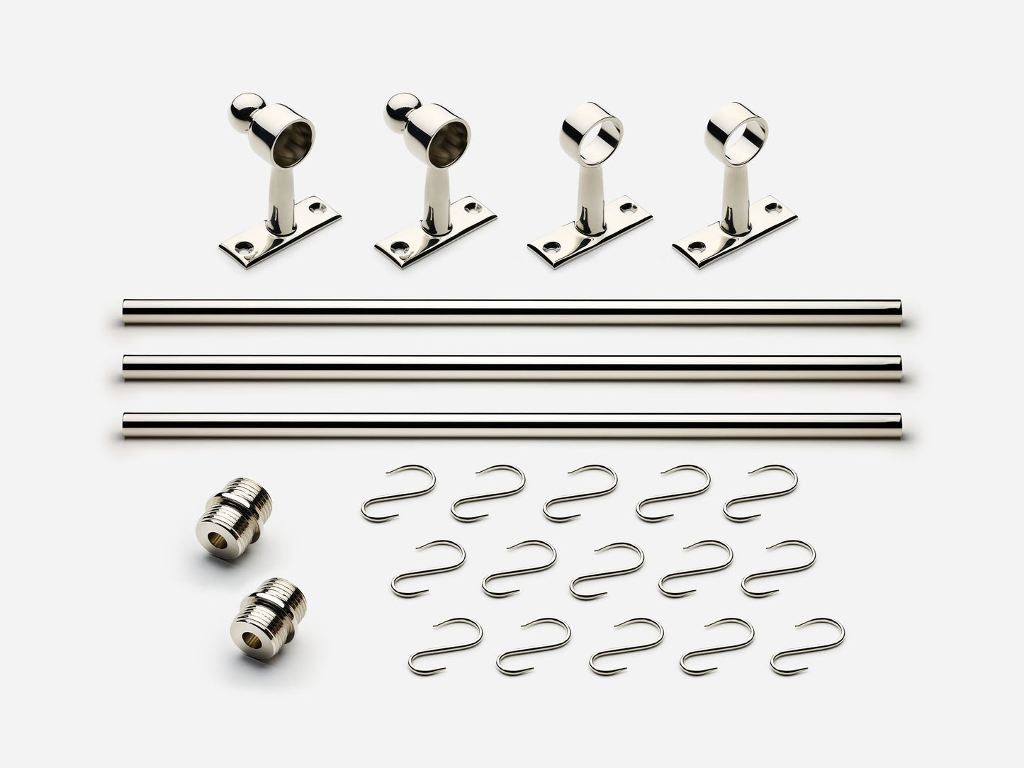 Solid brass Campaign hanging pot rail, 9 feet, in a polished nickel finish for kitchens.