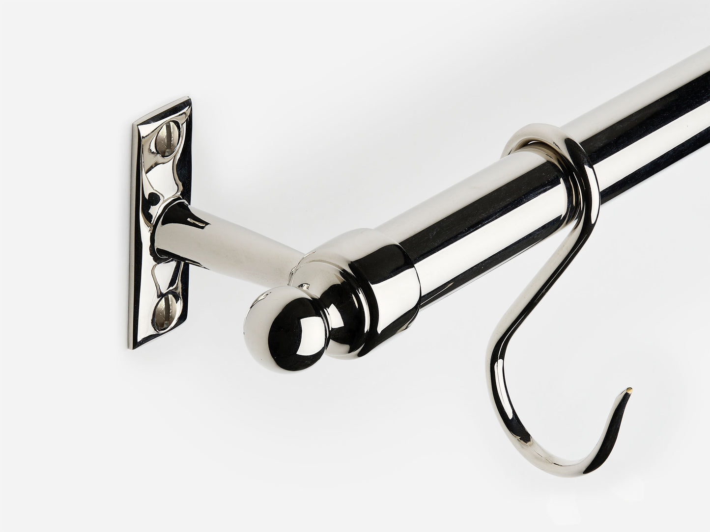 Solid brass Campaign hanging pot rail in a polished nickel finish for kitchens.