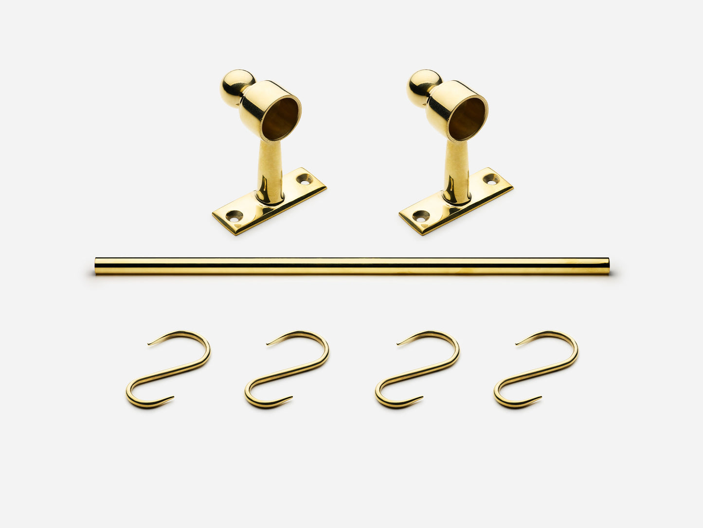 Solid brass Campaign hanging pot rail, 2 feet, in an unlacquered polished brass finish for kitchens.