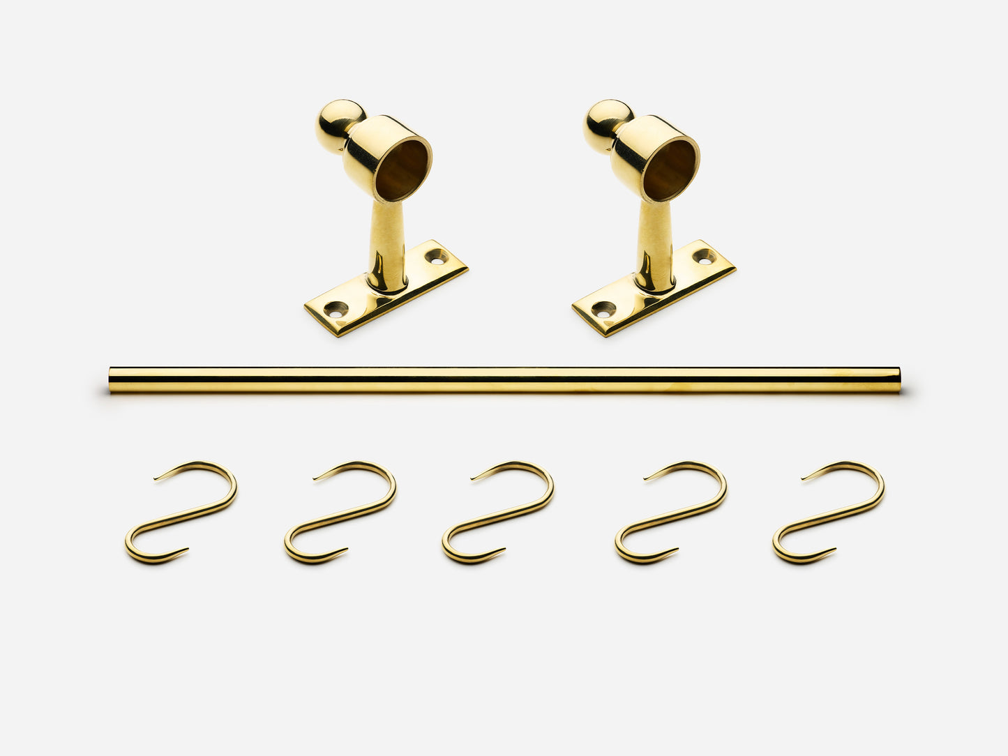 Solid brass Campaign hanging pot rail, 3 feet, in an unlacquered polished brass finish for kitchens.