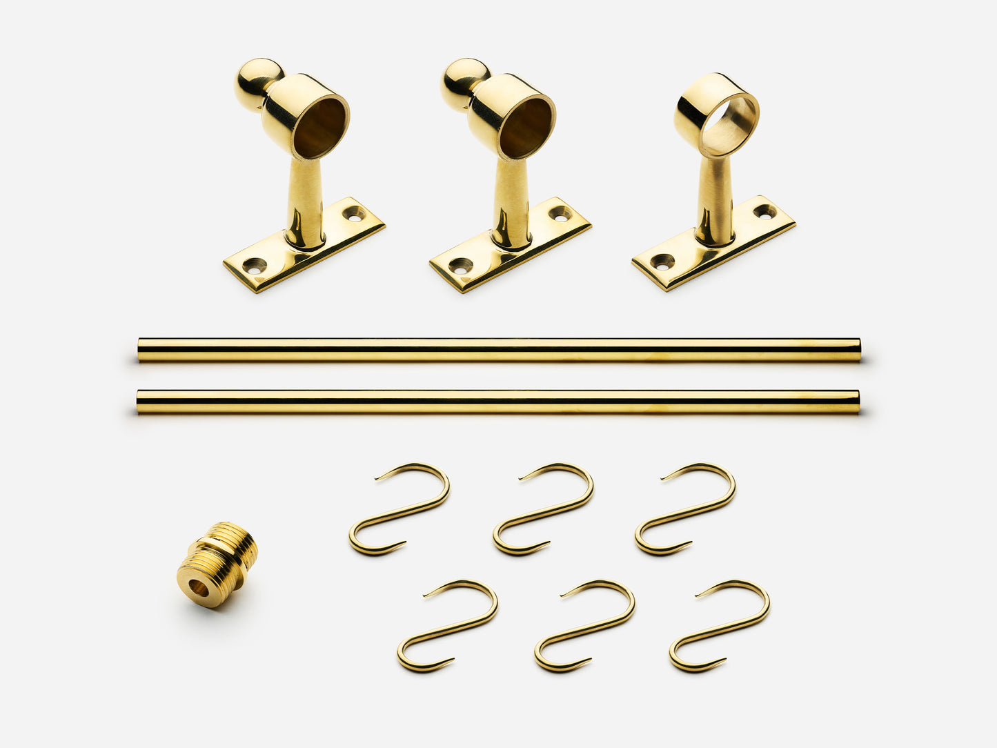 Solid brass Campaign hanging pot rail, 4 feet, in an unlacquered polished brass finish for kitchens.