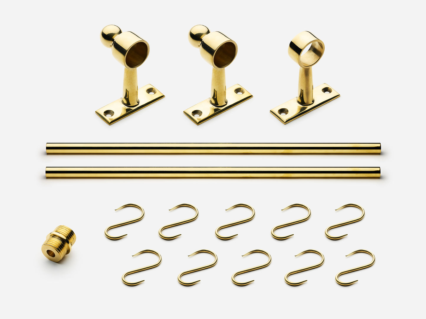 Solid brass Campaign hanging pot rail, 6 feet, in an unlacquered polished brass finish for kitchens.