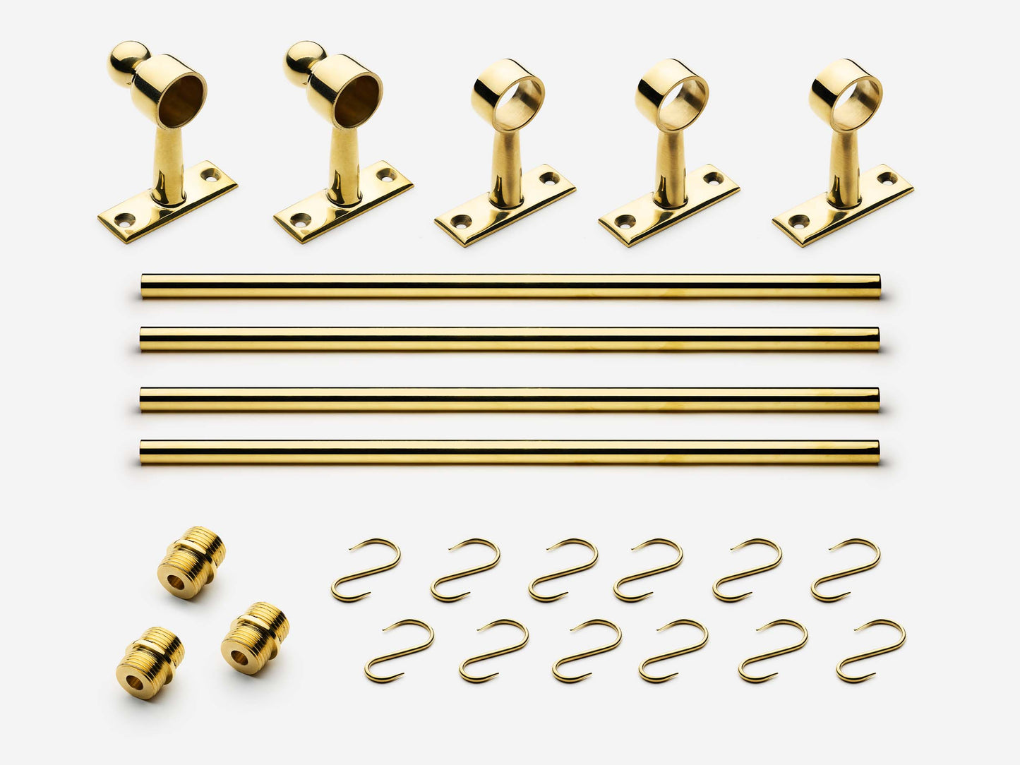 Solid brass Campaign hanging pot rail, 8 feet, in an unlacquered polished brass finish for kitchens.