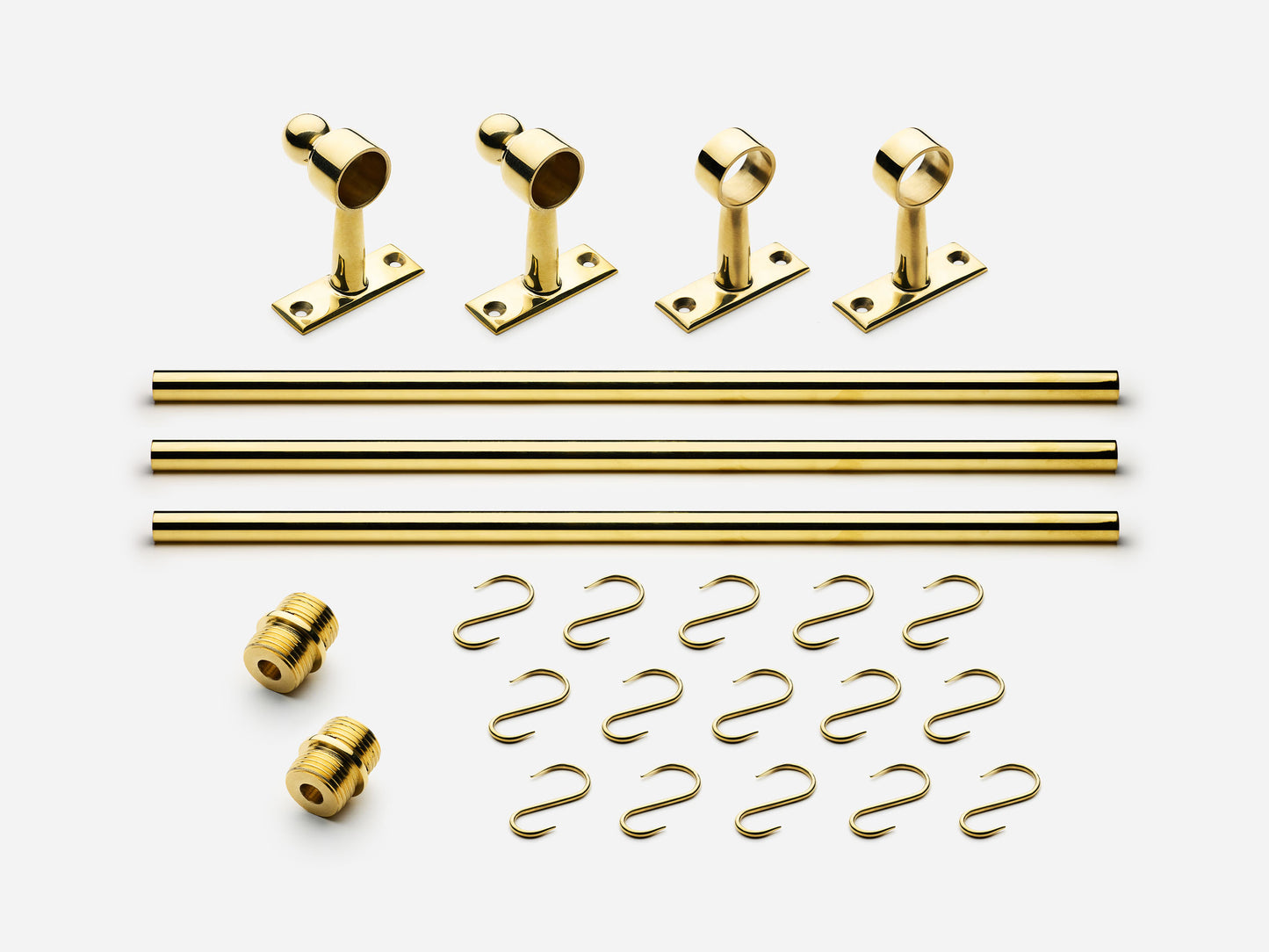 Solid brass Campaign hanging pot rail, 9 feet, in an unlacquered polished brass finish for kitchens.