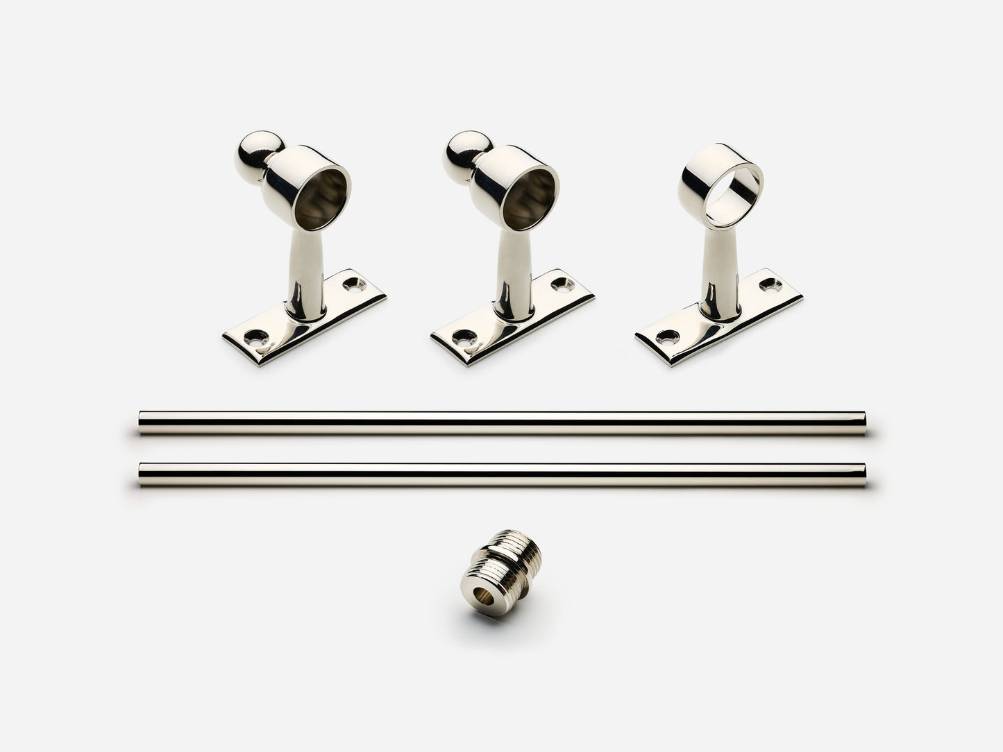 Solid brass Campaign towel bar, 4 feet, in a polished nickel finish for kitchens and bathrooms.