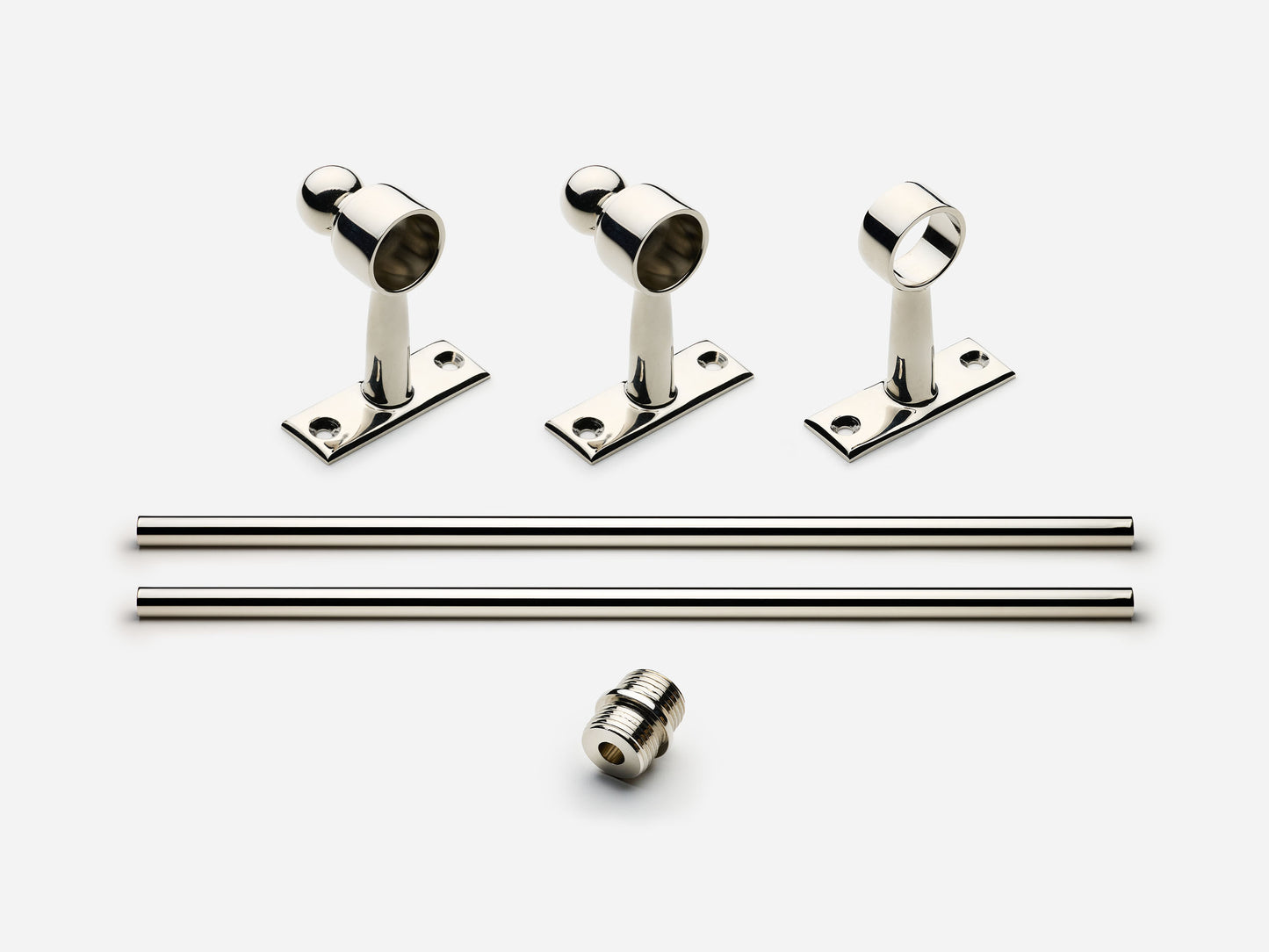 Solid brass Campaign towel bar, 6 feet, in a polished nickel finish for kitchens and bathrooms.