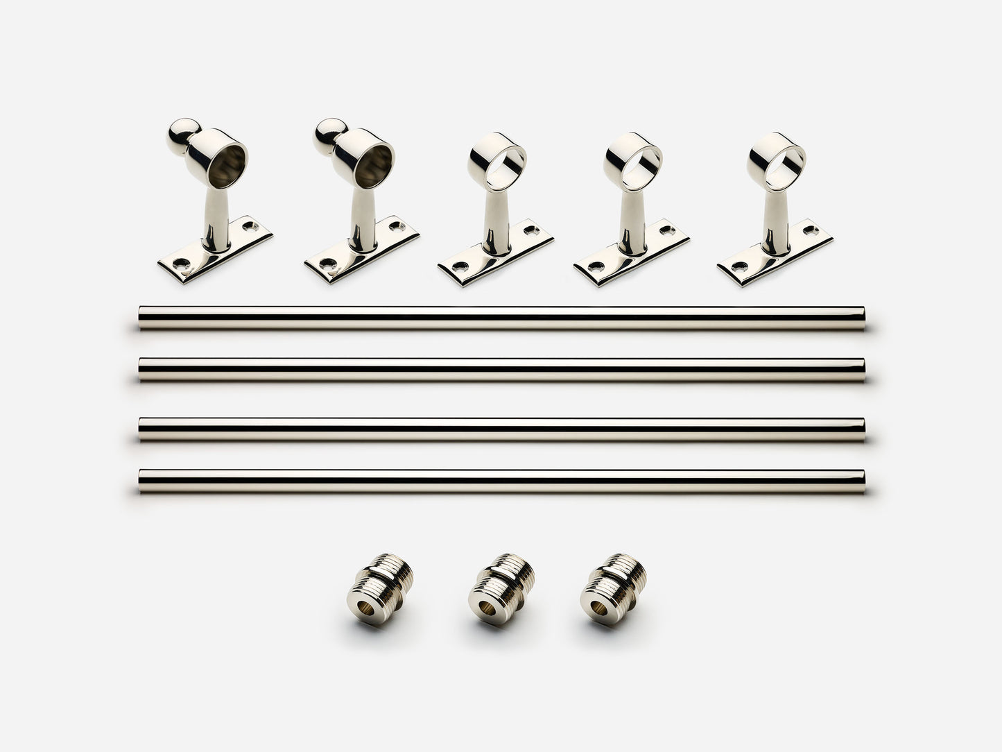 Solid brass Campaign towel bar, 8 feet, in a polished nickel finish for kitchens and bathrooms.