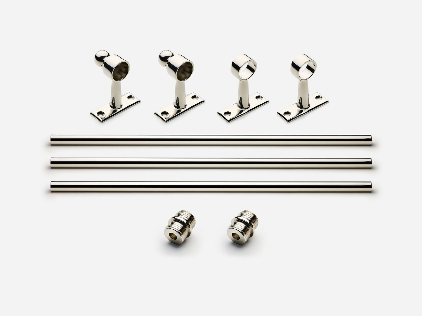 Solid brass Campaign towel bar, 9 feet, in a polished nickel finish for kitchens and bathrooms.