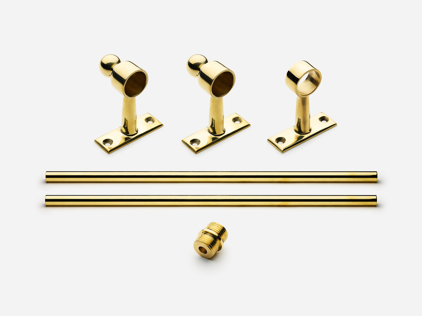 Solid brass Campaign towel bar, 6 feet, in an unlacquered polished brass finish for kitchens and bathrooms.