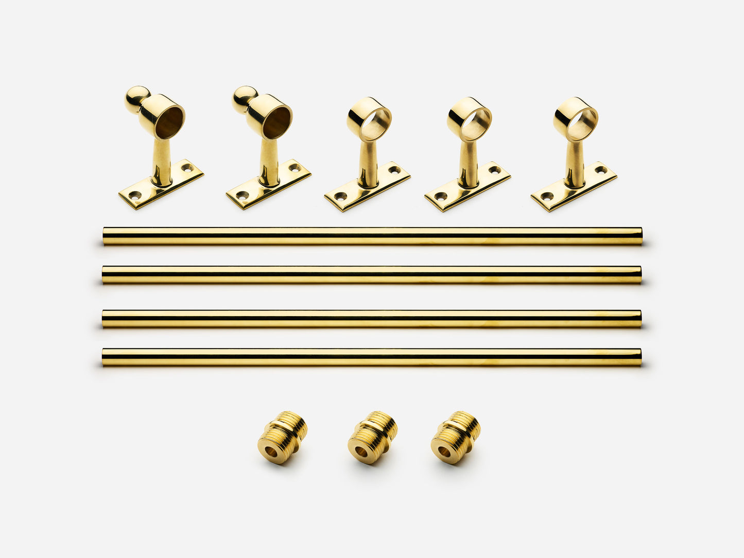 Solid brass Campaign towel bar, 8 feet, in an unlacquered polished brass finish for kitchens and bathrooms.
