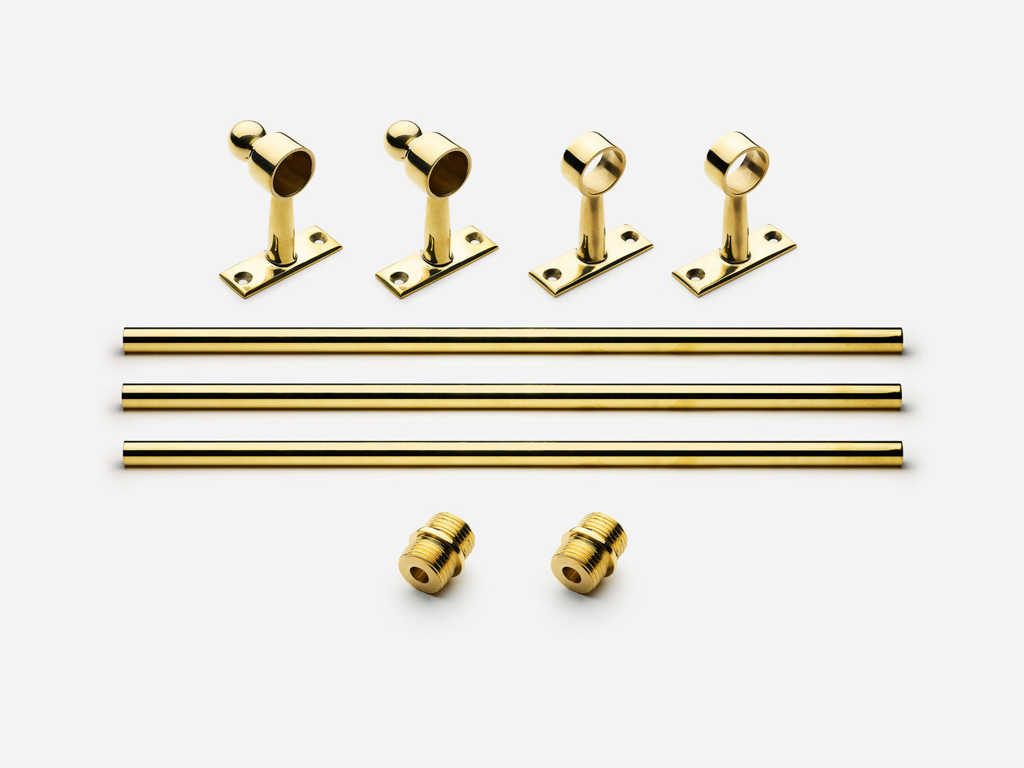 Solid brass Campaign towel bar, 9 feet, in an unlacquered polished brass finish for kitchens and bathrooms.