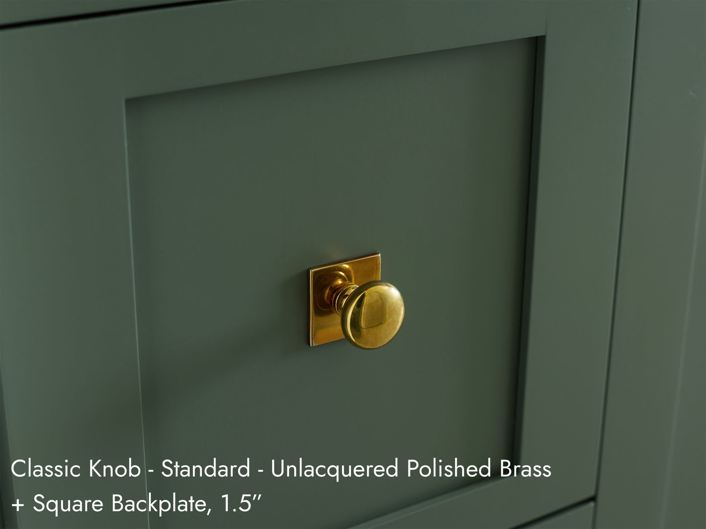 Solid brass Classic Knob, in unlacquered polished brass finish, on kitchen cabinets with Square Backplate.