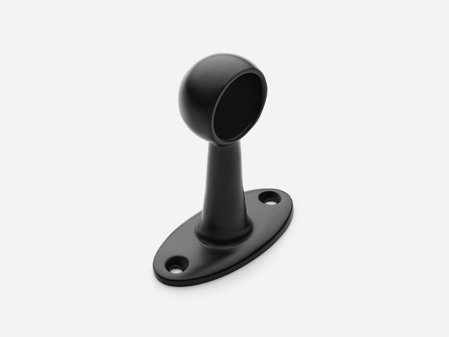 Solid brass Newark hanging pot rail end bracket in a matte black finish for kitchens.