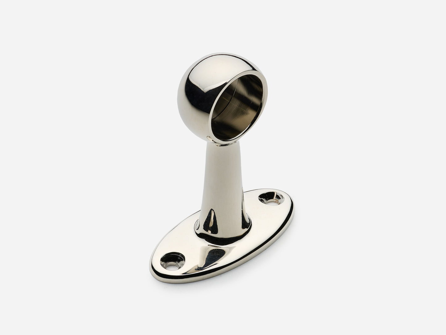 Solid brass Newark hanging pot rail end bracket in a polished nickel finish for kitchens.