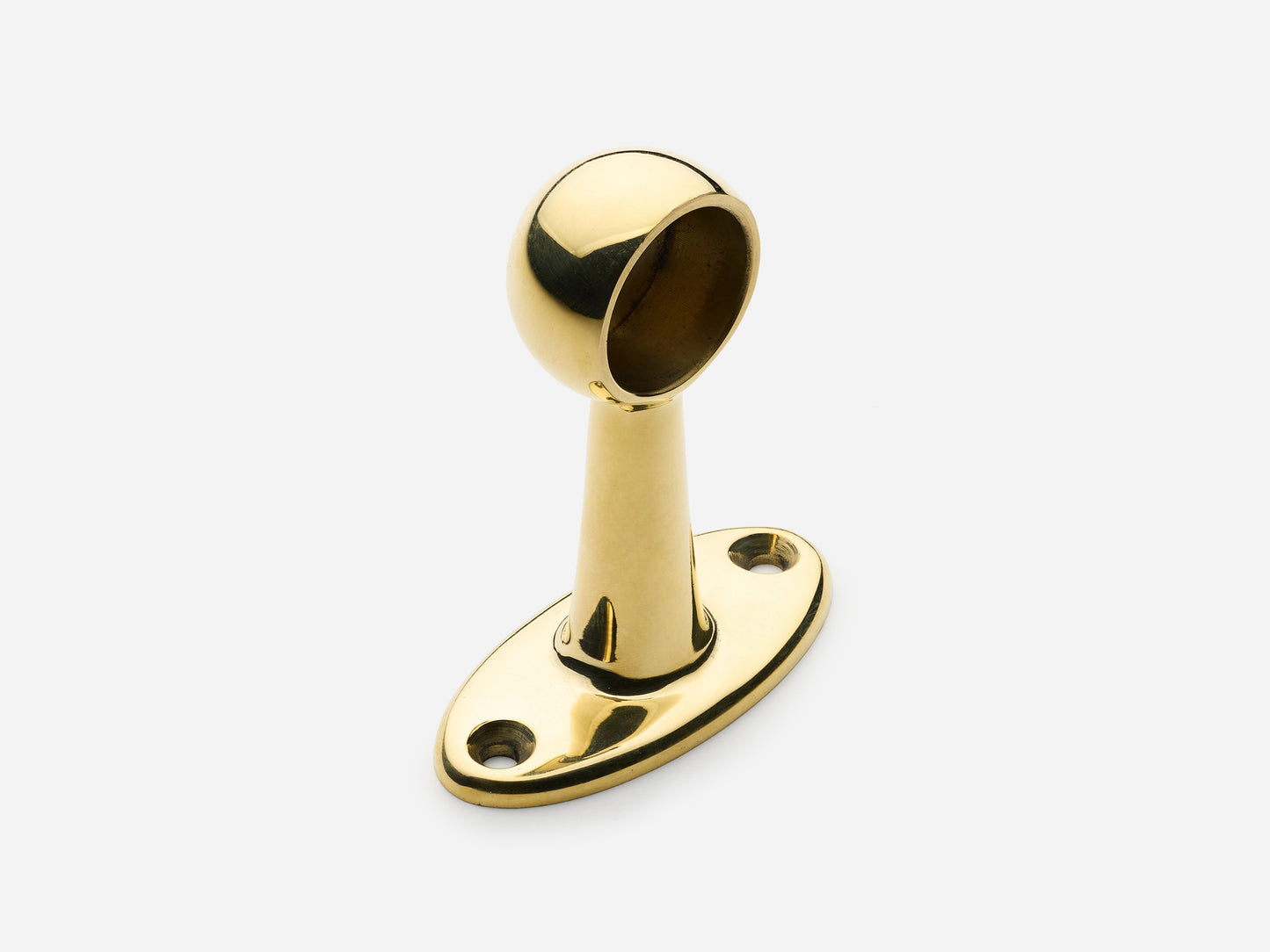 Solid brass Newark hanging pot rail end bracket in an unlacquered polished brass finish for kitchens.
