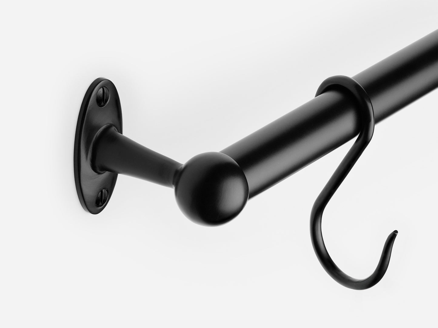Solid brass Newark hanging pot rail in a matte black finish for kitchens.
