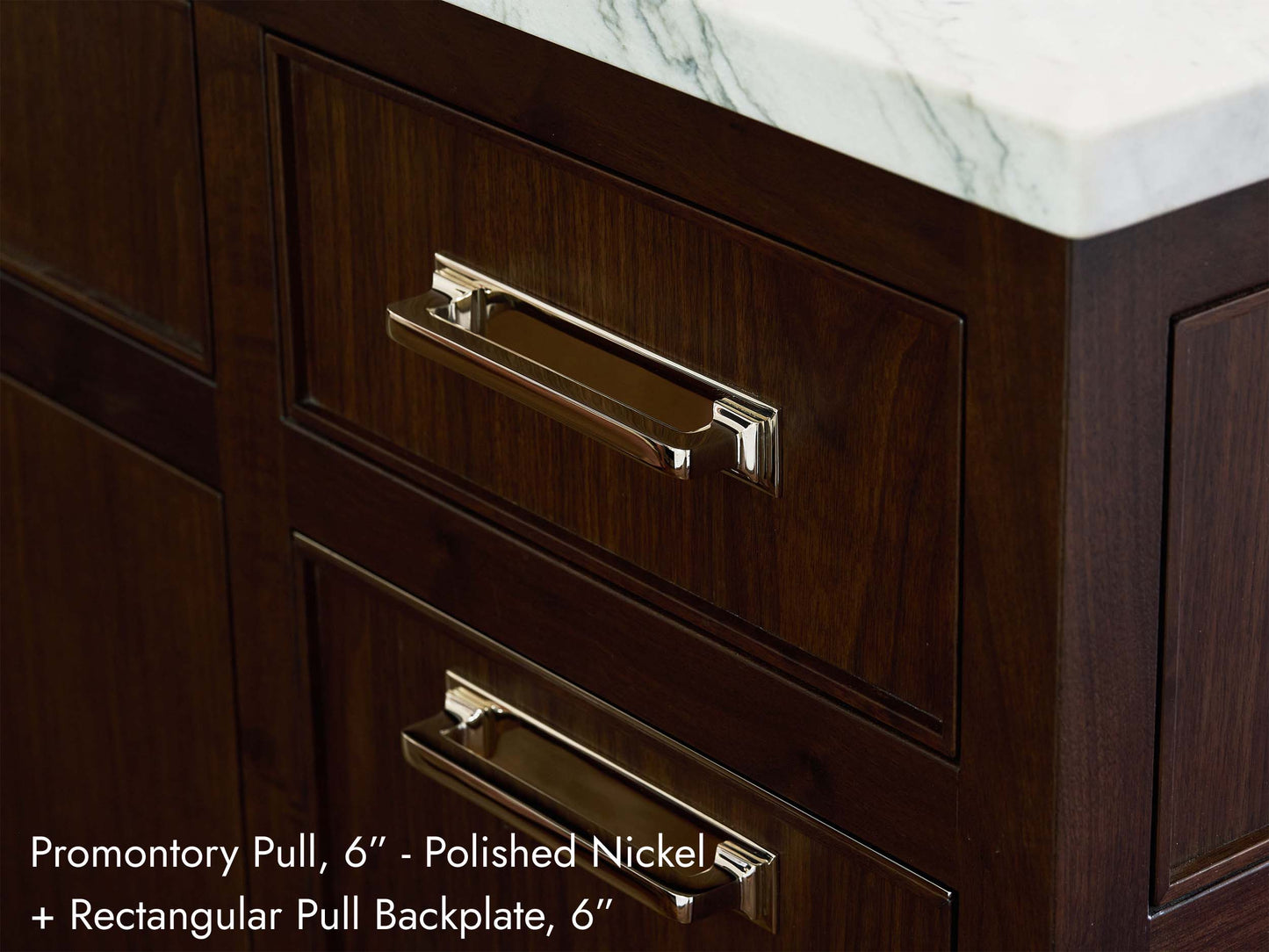 all-variants solid brass promontory pull, in polished nickel finish, on kitchen cabinets.