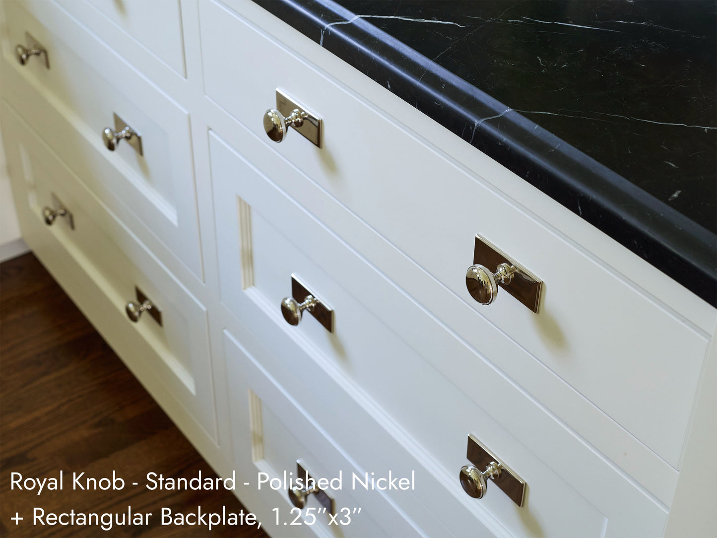 Solid brass Royal Knob, in polished nickel, with a Rectangular backplate.