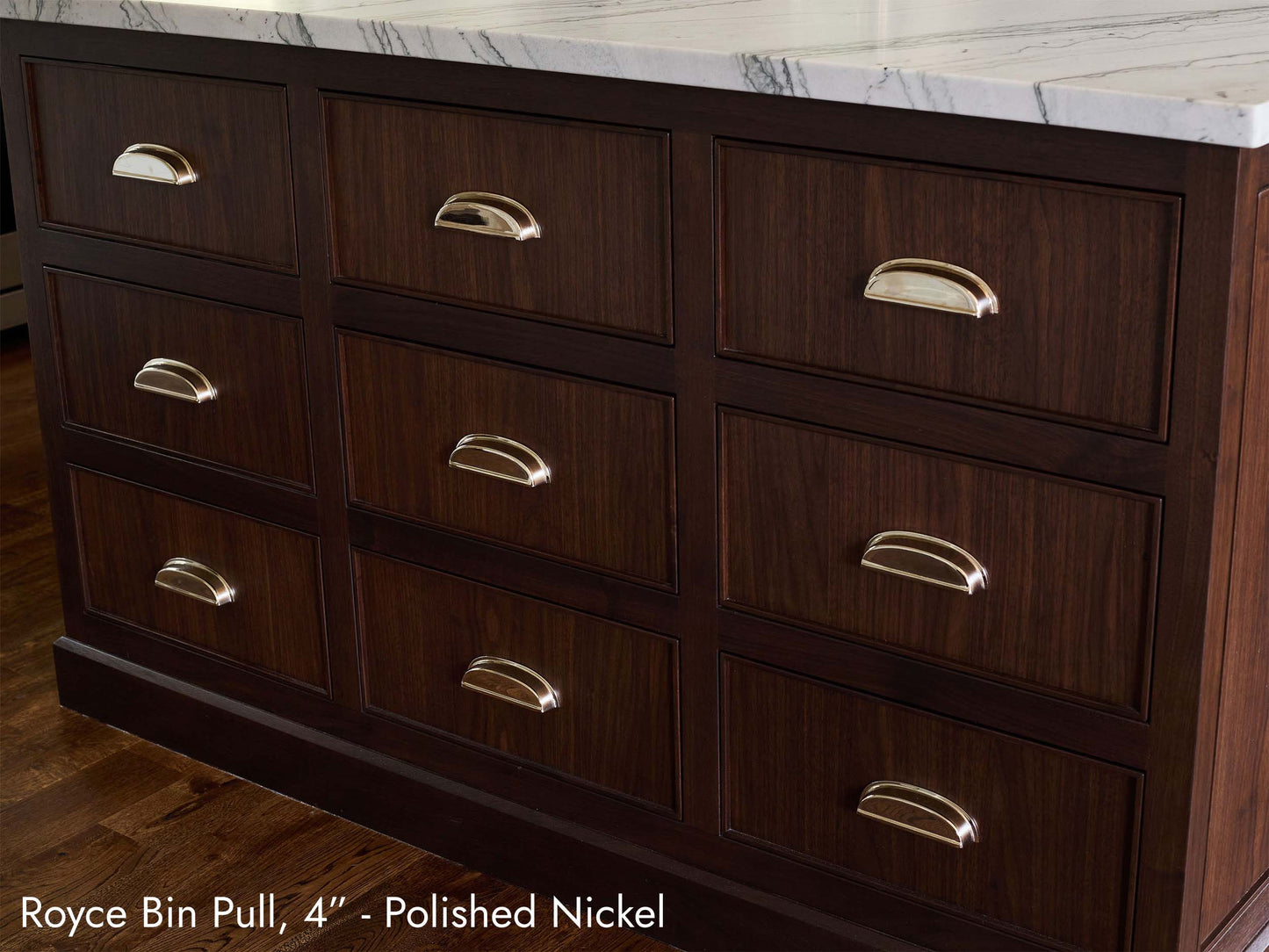 Solid brass Royce Bin Pull, in polished nickel, on kitchen cabinets.