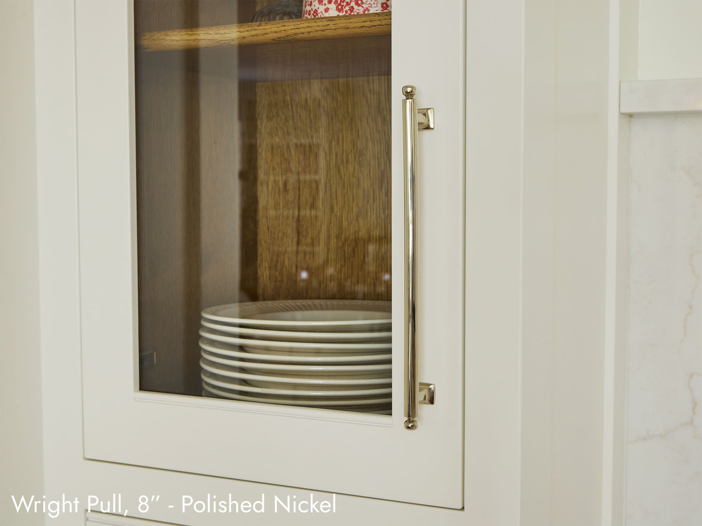 Solid brass Wright Pull, in polished nickel finish, on kitchen cabinets.