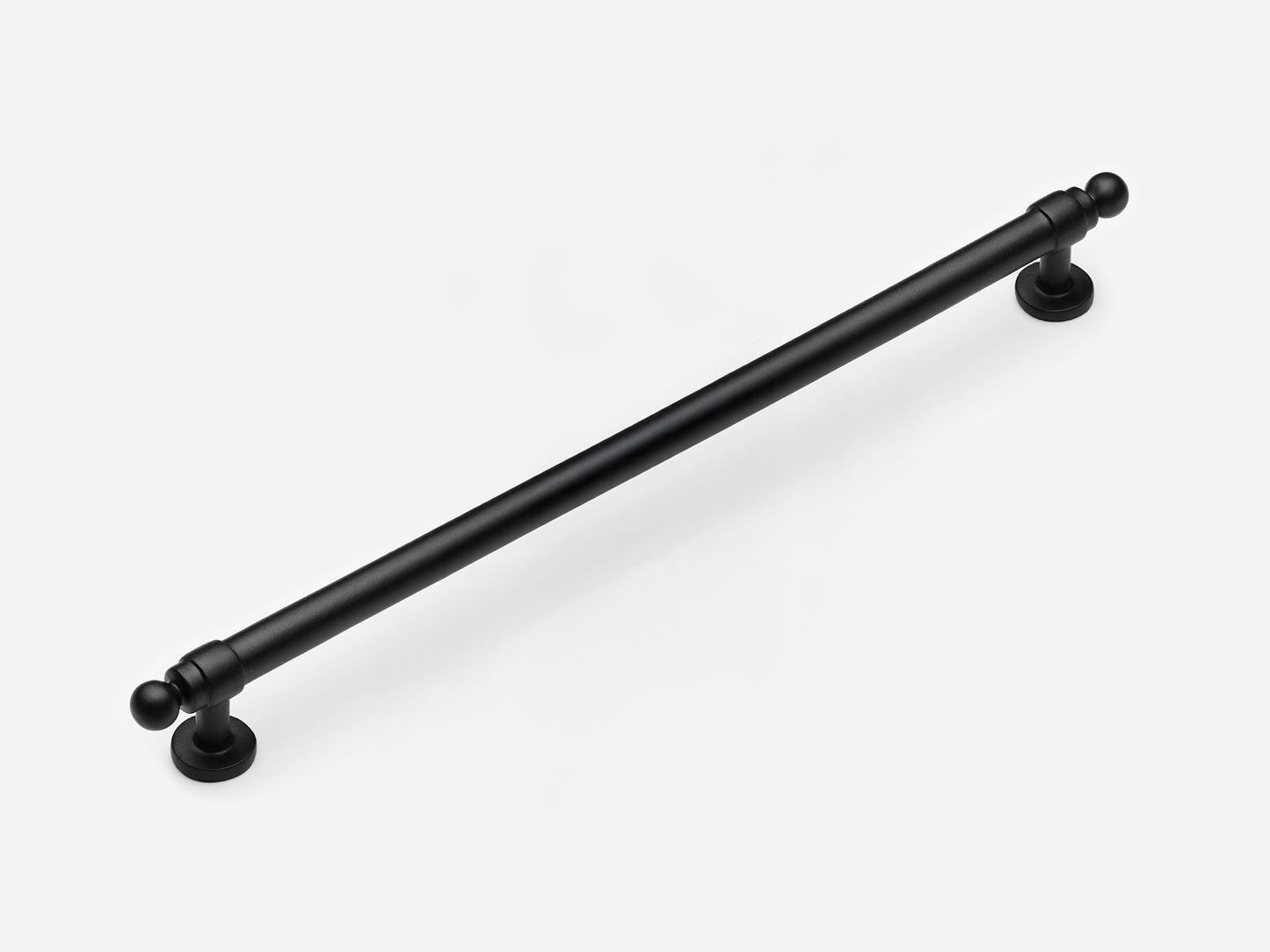 Solid brass Campaign appliance pull, 12 inches, in a matte black finish for cabinets.