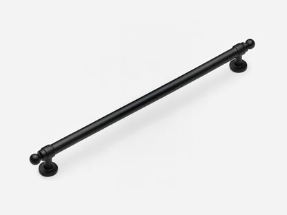 Solid brass Campaign appliance pull, 12 inches, in a matte black finish for cabinets.
