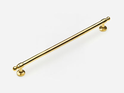 Solid brass Campaign appliance pull, 12 inches, in an unlacquered polished brass finish for cabinets.