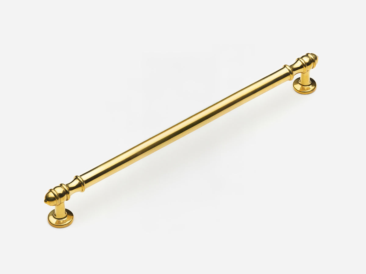 Solid brass Deseret appliance pull, 12 inches, in an unlacquered polished brass finish for cabinets.