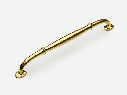 Solid brass Lilian appliance pull, 12 inches, in an unlacquered polished brass finish for cabinets.